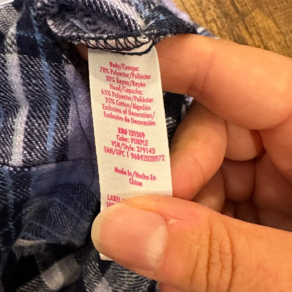 Justice girls purple plaid button down flannel with hood